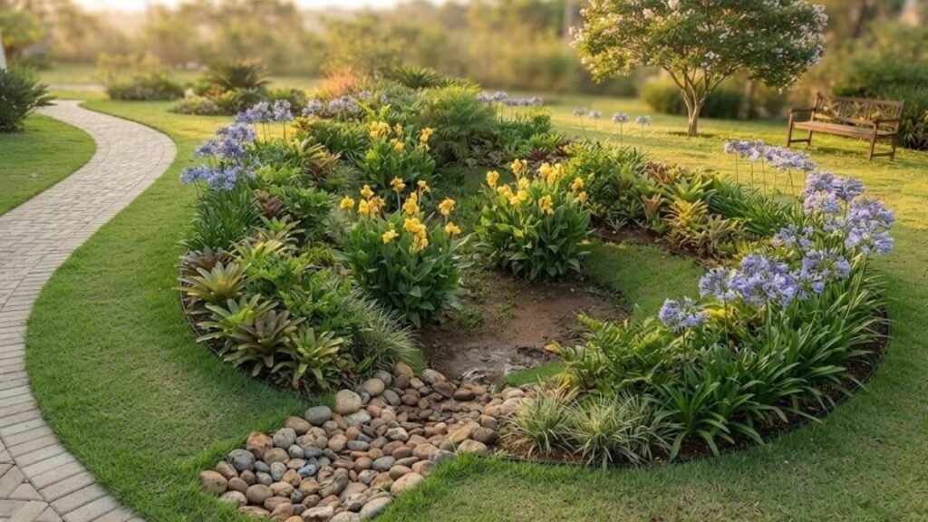 Jardim de chuva com flores amarelas e azuis, entrada de pedras e caminho curvo ao lado.