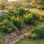 Jardim de chuva com flores amarelas e azuis, entrada de pedras e caminho curvo ao lado.