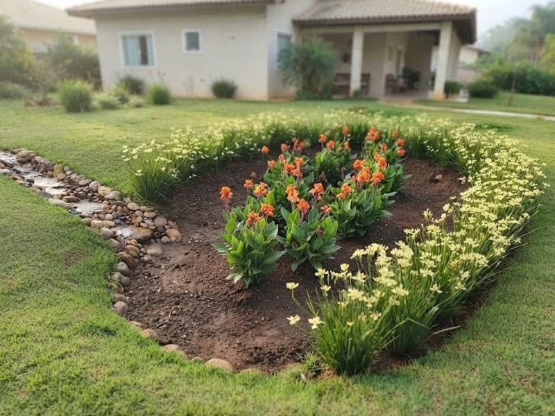 Jardim de chuva com centro rebaixado, flores alaranjadas e amarelas e canal de pedras na lateral.