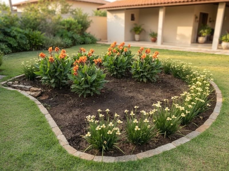 Canteiro curvo com canas da índia alaranjadas e flores amarelas diante de uma casa com varanda.
