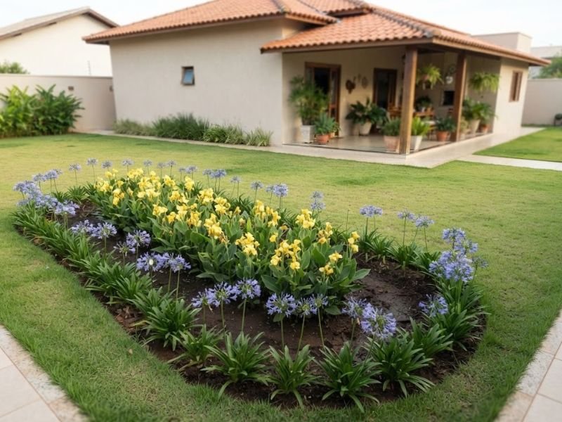 Canteiro com flores amarelas e agapantos azuis separado da casa por uma faixa de gramado.