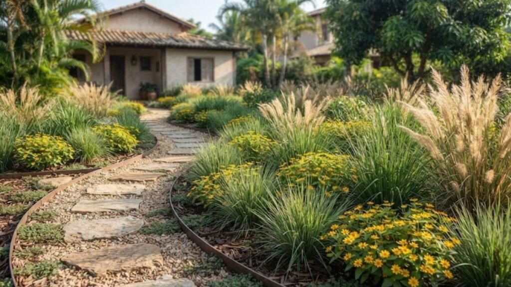 Jardim de sequeiro com capins ornamentais e flores amarelas em canteiros ao lado de um caminho curvo.