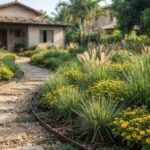 Jardim de sequeiro com capins ornamentais e flores amarelas em canteiros ao lado de um caminho curvo.