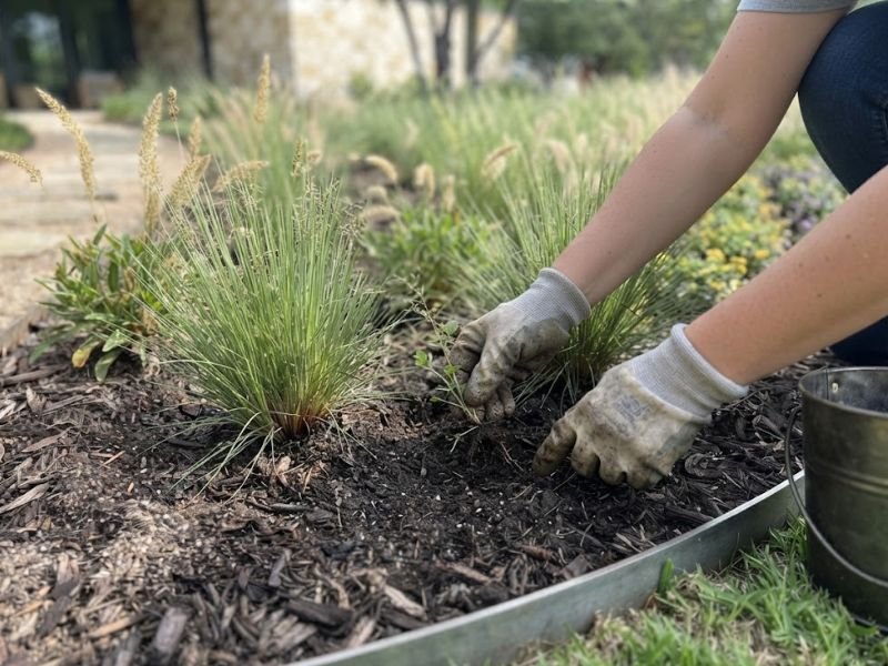 Mãos com luvas retirando uma pequena planta espontânea entre touceiras de capins.