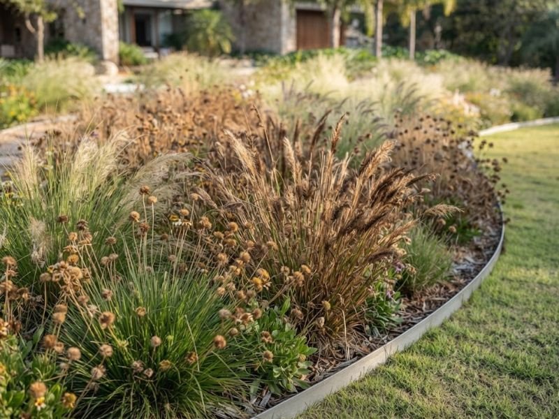 Capins verdes e inflorescências secas em tons de palha e castanho em um canteiro residencial.