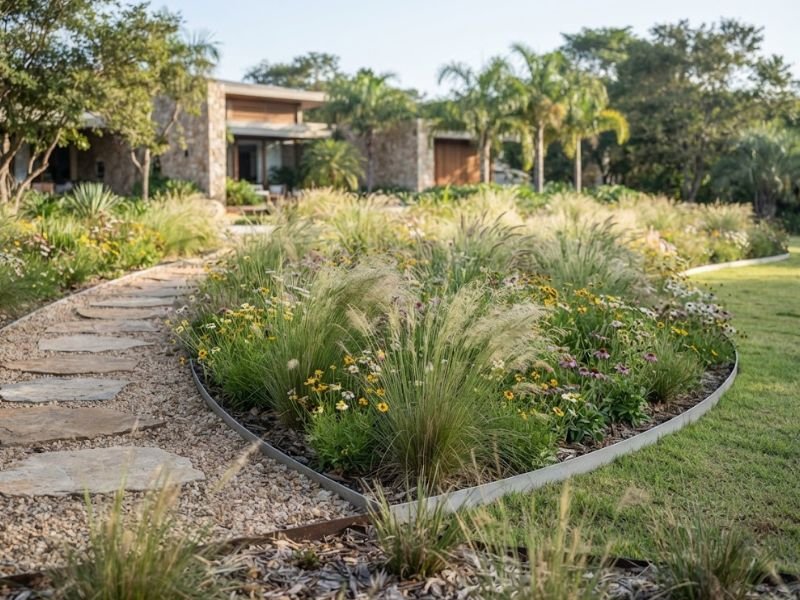 Jardim naturalista com capins de inflorescências claras e pequenas flores ao lado de um caminho de pedras.
