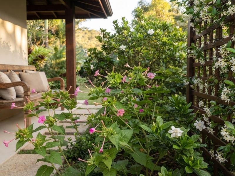 Maravilhas rosas e gardênia branca diante de uma varanda com banco de madeira e treliça florida.