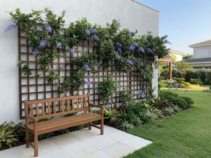 Flor de São Miguel em treliça junto ao muro, com banco e canteiro no jardim.