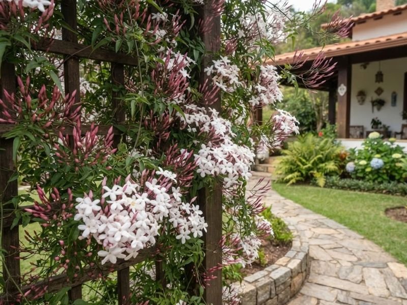 Jasmim dos poetas com botões rosados e pequenas flores brancas em treliça