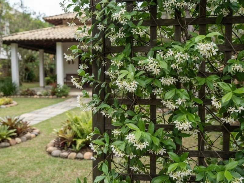 Jasmim estrela com flores brancas distribuído em treliça de madeira