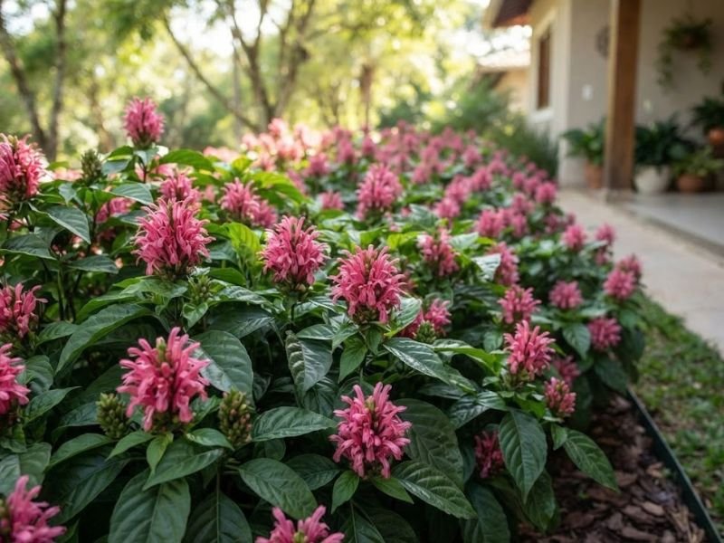 Justicia carnea com inflorescências rosadas e folhas largas formando canteiro ornamental em meia sombra.