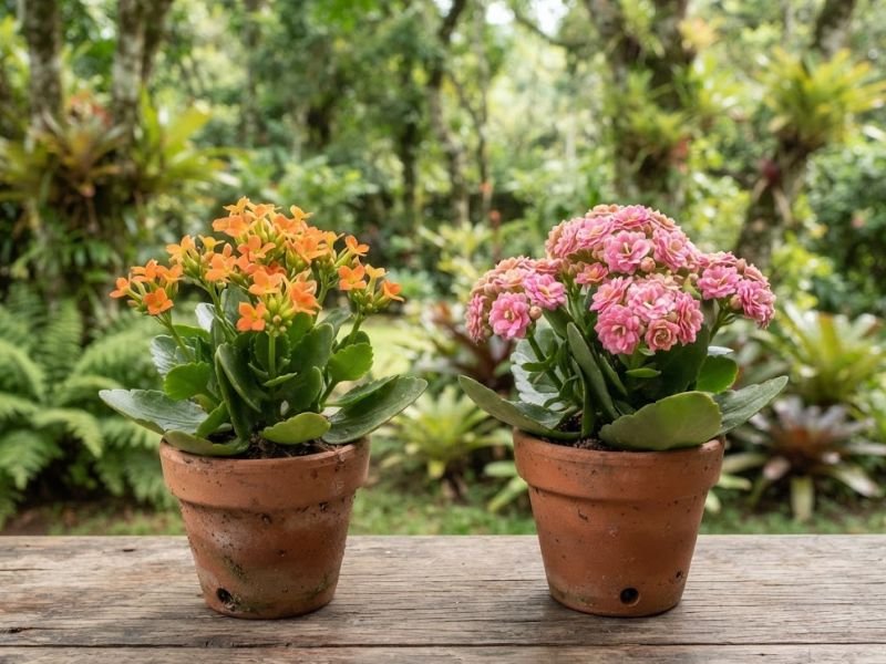 Kalanchoe alaranjado de flores simples e calandiva rosa de flores dobradas em vasos.
