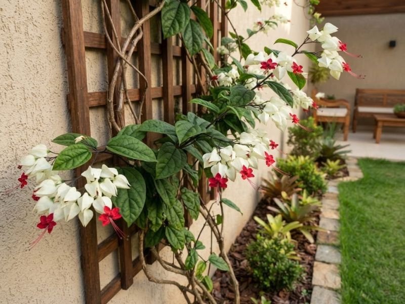 Lágrima de Cristo com cálices brancos e flores vermelhas sobre uma treliça de madeira.