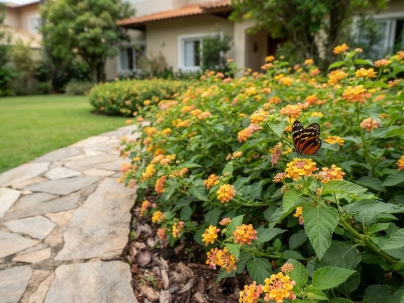 Lantana camara com pequenos cachos amarelos e alaranjados recebendo uma borboleta no jardim.