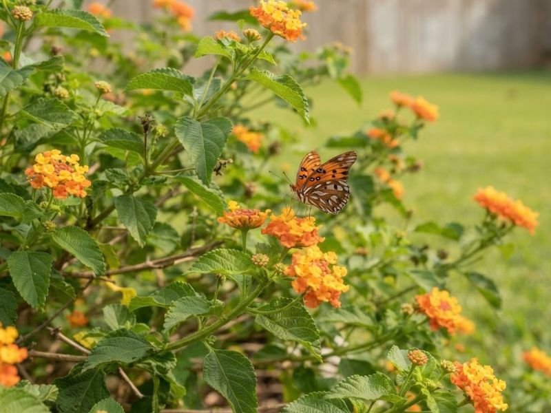 Borboleta pousada em flores amarelas e alaranjadas de lantana