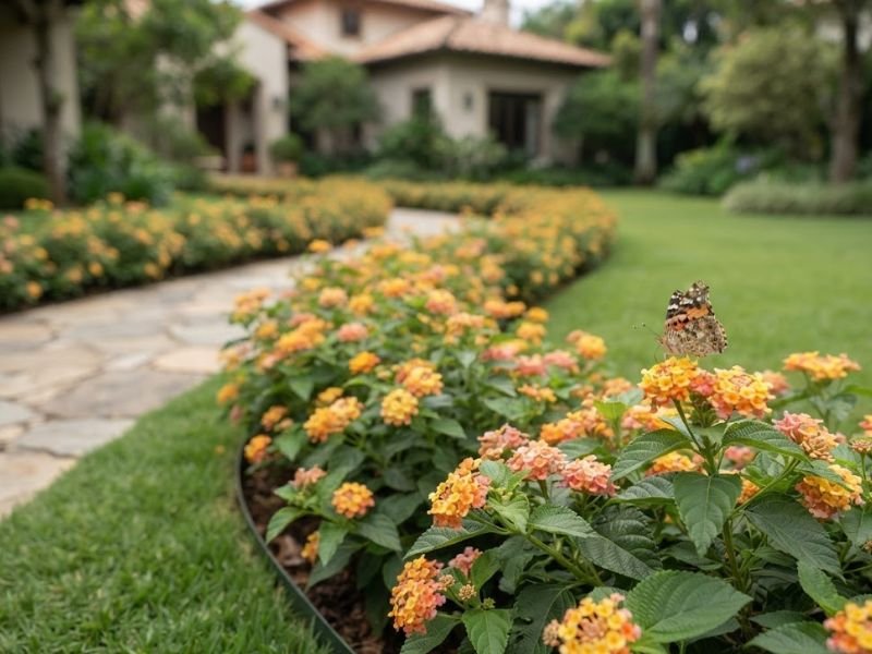 Canteiro curvo de lantana amarela e alaranjada com borboleta, acompanhando caminho de jardim.