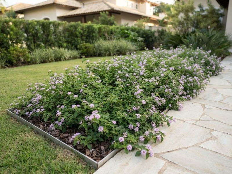 Lantana rasteira com flores lilases cobrindo área ensolarada do canteiro