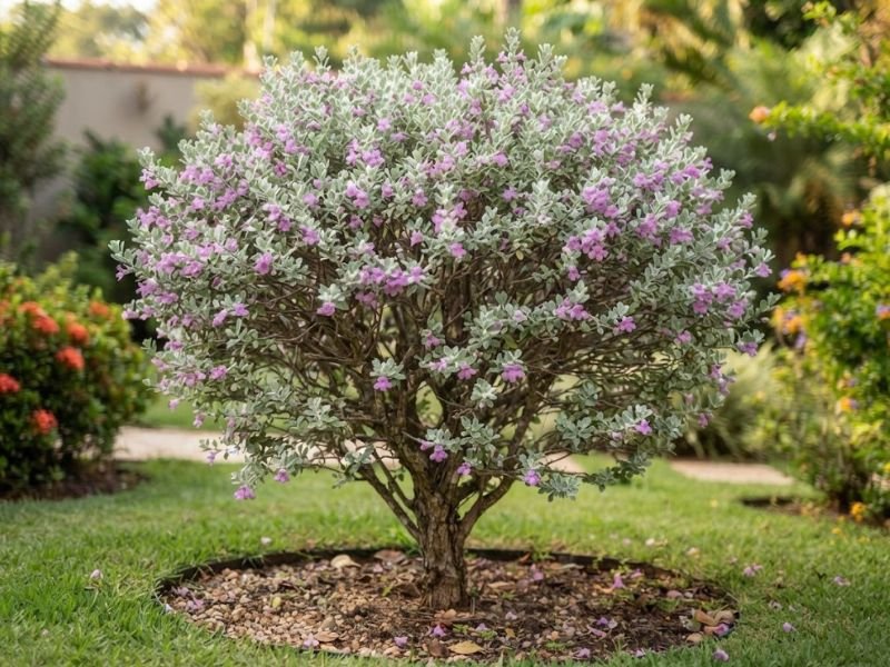 Arbusto de chuva de prata com copa arredondada, folhas acinzentadas e flores lilases.