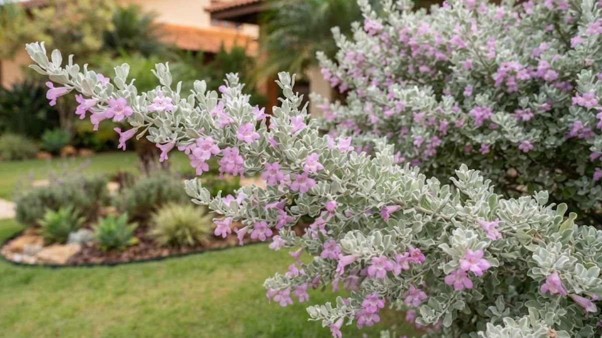 Leucophyllum frutescens com flores rosas e folhagem prateada em jardim residencial.