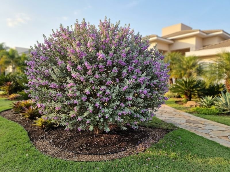 Leucophyllum frutescens em plena floração num canteiro de jardim residencial.