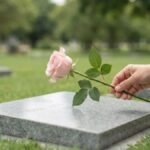 Mão colocando uma rosa rosa-clara sobre uma sepultura, representando o gesto de levar flores ao cemitério.