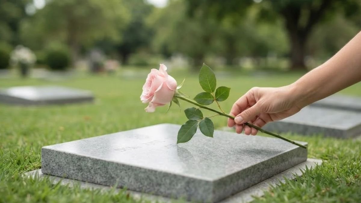 Mão colocando uma rosa rosa-clara sobre uma sepultura, representando o gesto de levar flores ao cemitério.