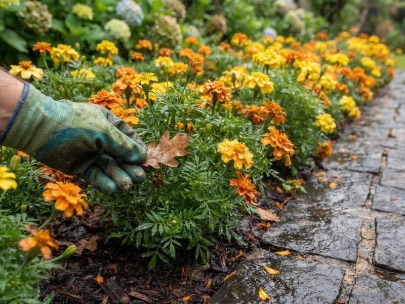 Mão com luva retirando uma folha seca de um canteiro de tagetes amarelos e alaranjados.