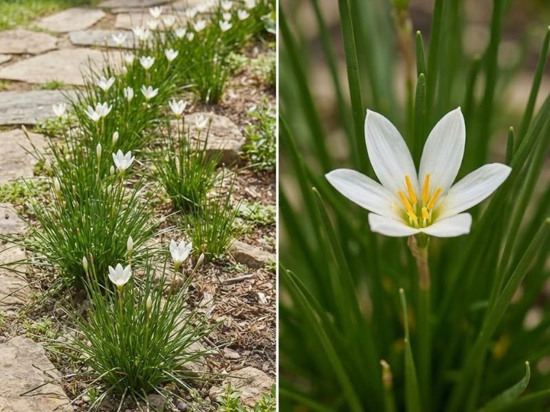 Lírios-do-vento brancos em bordadura e detalhe de uma flor com seis segmentos e estames amarelos.