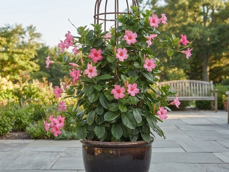 Mandevilla florida cultivada em vaso com treliça vertical