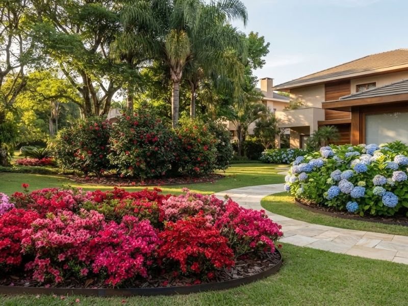 Canteiros paisagísticos com azaleias coloridas, hortênsias azuis e camélia vermelha em jardim residencial.