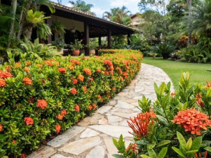 Cerca viva compacta de ixora alaranjada acompanhando caminho de pedras em jardim residencial.