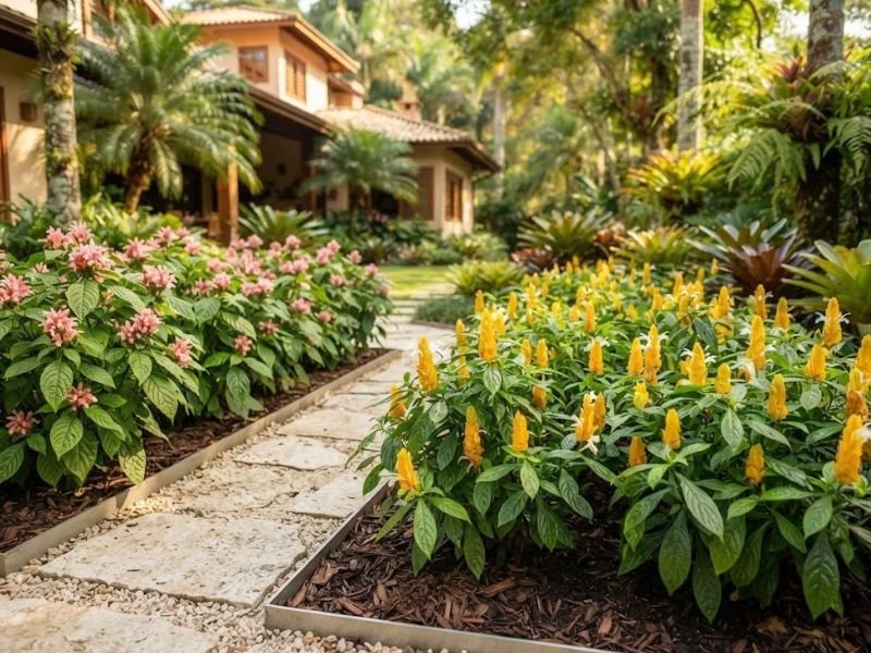 Canteiros separados com Justicia carnea de flores rosa e camarão amarelo com brácteas douradas.