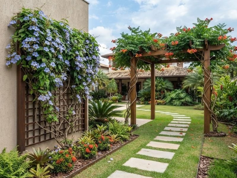 Trepadeiras vigorosas cobrindo treliça e pergolado em jardim residencial