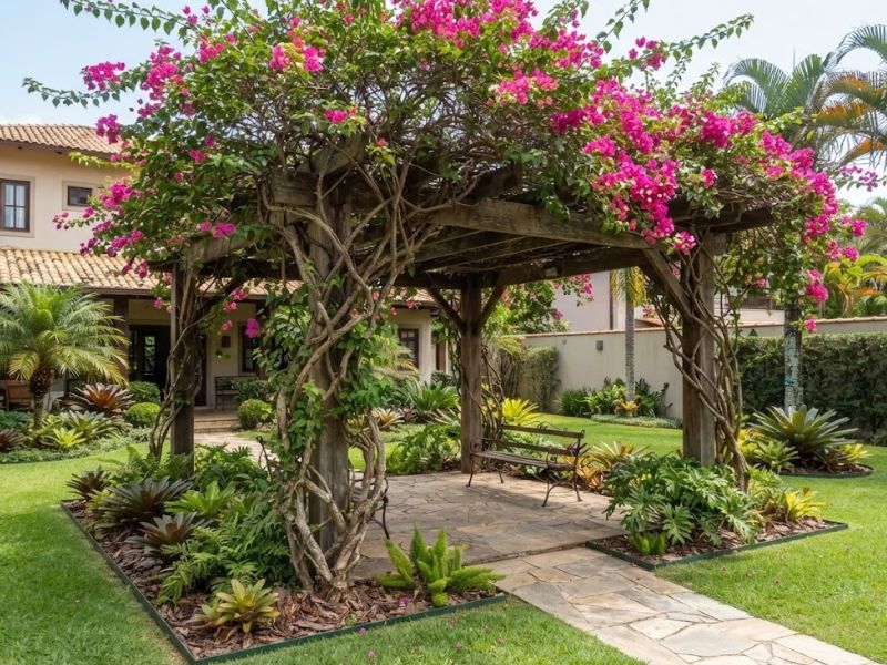 Bougainvillea rosa cobrindo pergolado de madeira em jardim ensolarado