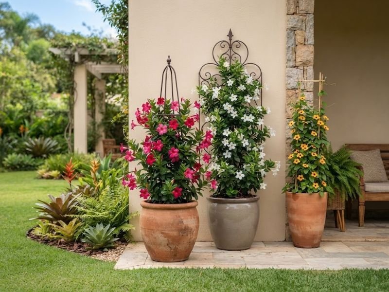 Trepadeiras floridas cultivadas em vasos com suportes no jardim