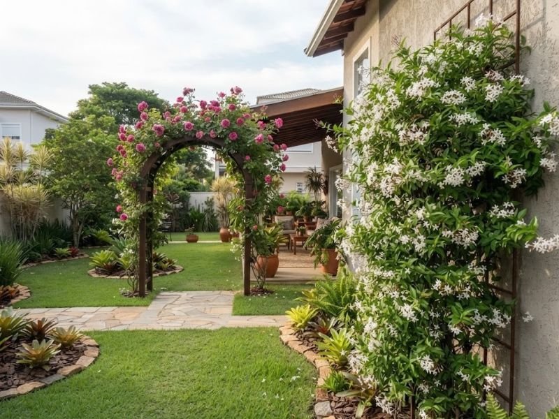 Trepadeiras floridas em arco e treliça em jardim residencial