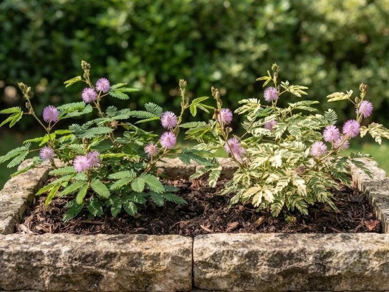 Mimosa pudica comum e Mimosa pudica variegata com flores rosadas