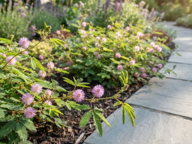 Mimosa pudica florida formando canteiro ornamental no jardim