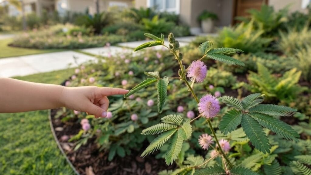 Criança toca folha de Mimosa pudica florida em jardim residencial
