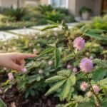 Criança toca folha de Mimosa pudica florida em jardim residencial
