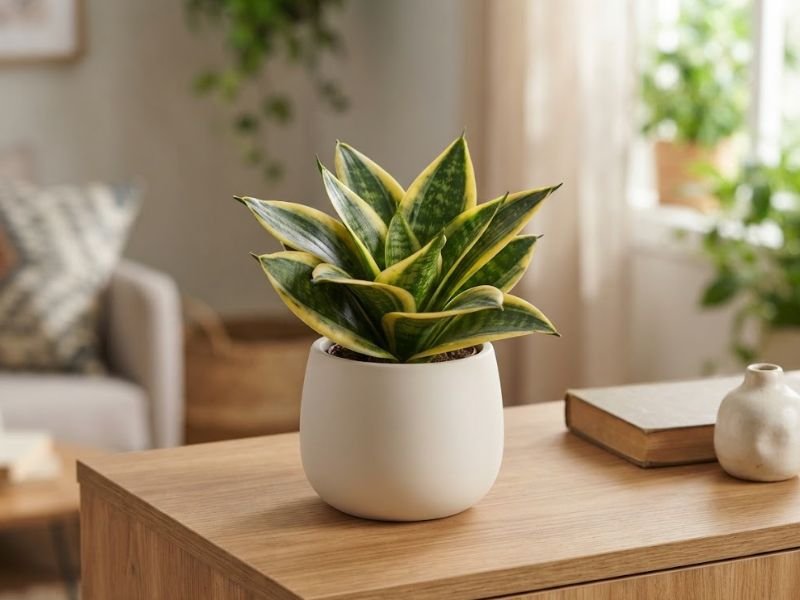 Mini espada de Santa Bárbara Golden Hahnii em vaso pequeno branco, com folhas verdes e amarelas formando uma roseta compacta.