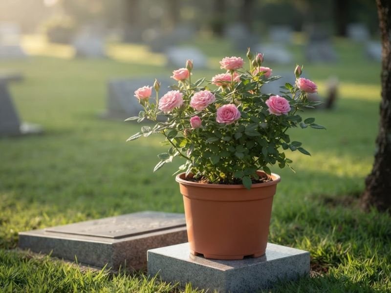 Mini roseira rosa em vaso recebe luz lateral próxima à sombra de uma árvore no cemitério.