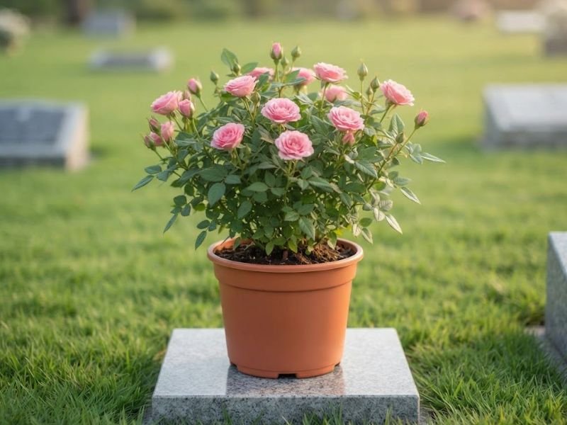 Mini roseira com flores rosas e botões em vaso terracota sobre uma base de granito no cemitério.