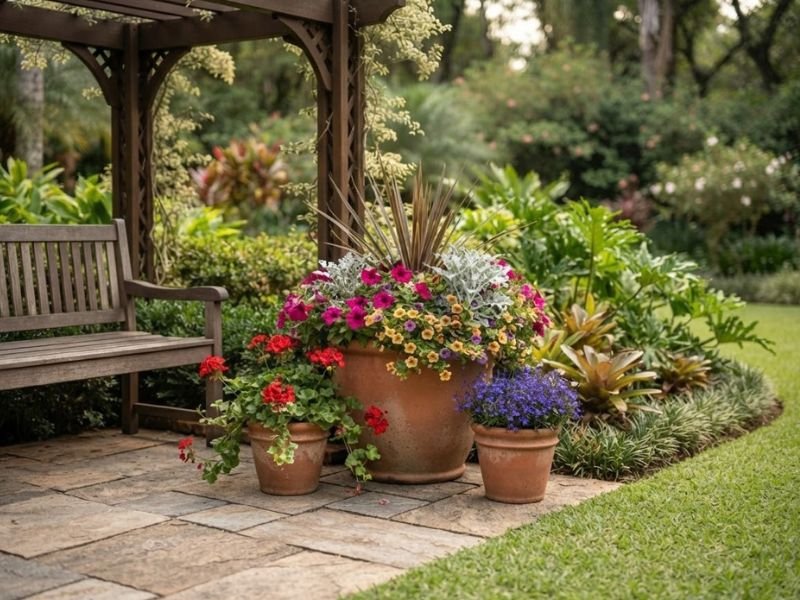 Vaso grande com mix de flores e folhagens acompanhado por dois vasos menores no jardim