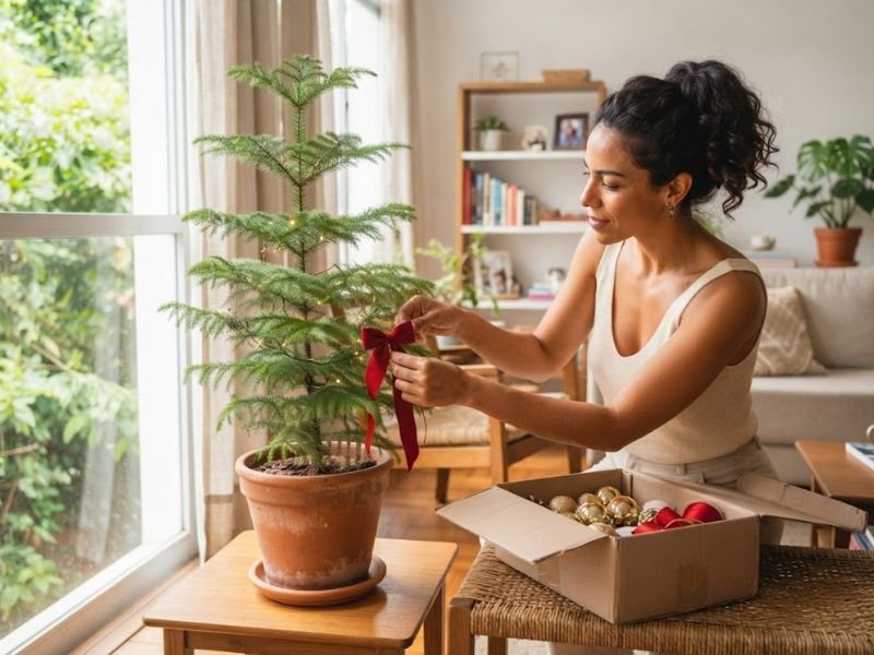 Mulher colocando um laço vermelho em um pinheirinho natural, com uma caixa de bolas natalinas ao lado.