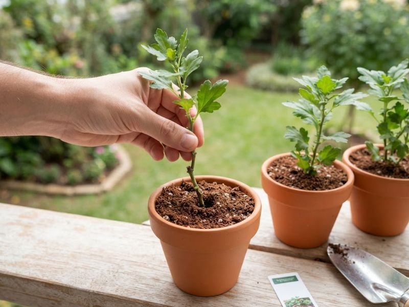 Mão plantando uma estaca de crisântemo em vasinho com substrato escuro e solto.