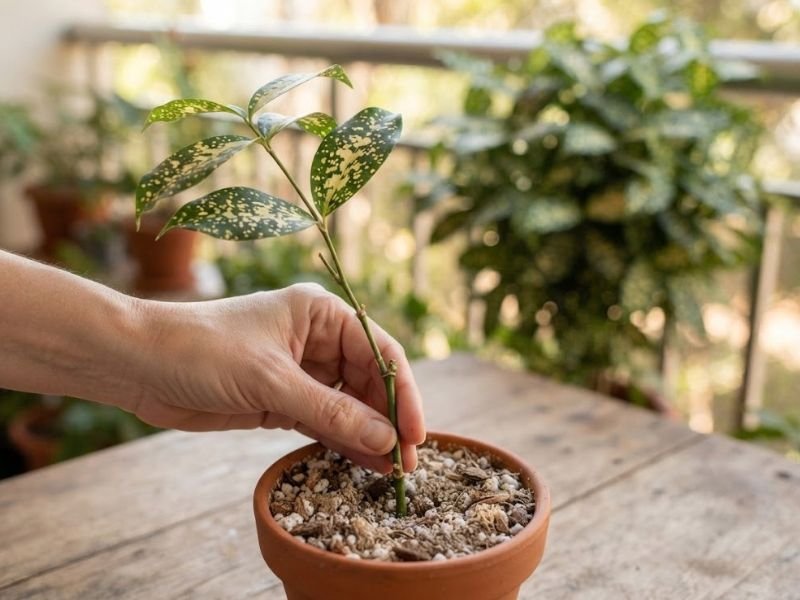 Estaca de dracena surculosa sendo plantada em pequeno vaso com substrato leve para formar uma nova muda.