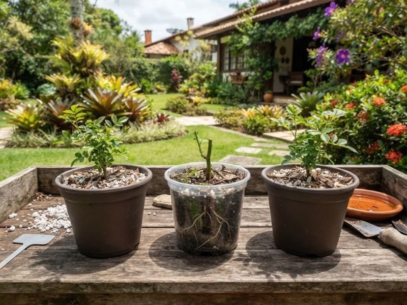 Mudas de Rosa banksiae produzidas por estaquia em pequenos vasos