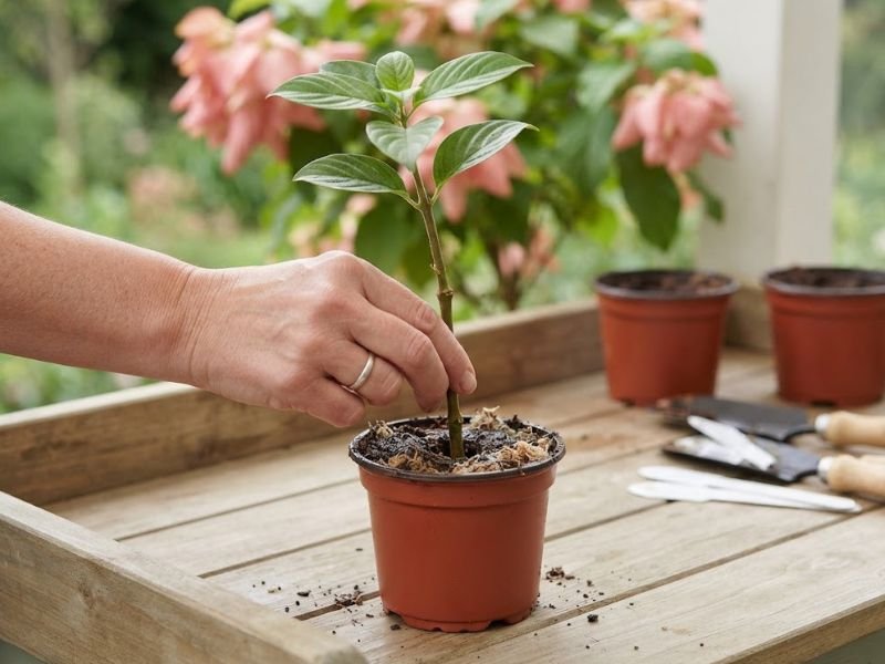 Mão posicionando uma estaca de mussaenda com folhas em um pequeno vaso com substrato.