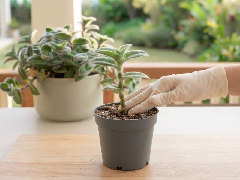 Estaca de Tradescantia sillamontana em pequeno vaso, com mão enluvada firmando o substrato.